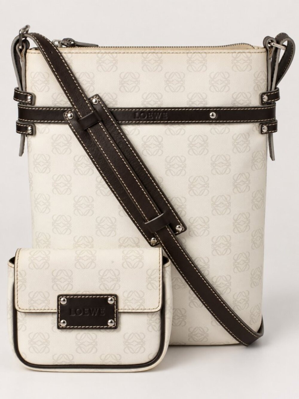 Vintage Loewe Anagram Canvas Leather Crossbody Bag + Pouch Cream Brown